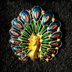 Gorgeous Vintage Enameled Peacock Brooch Pin Multicolored